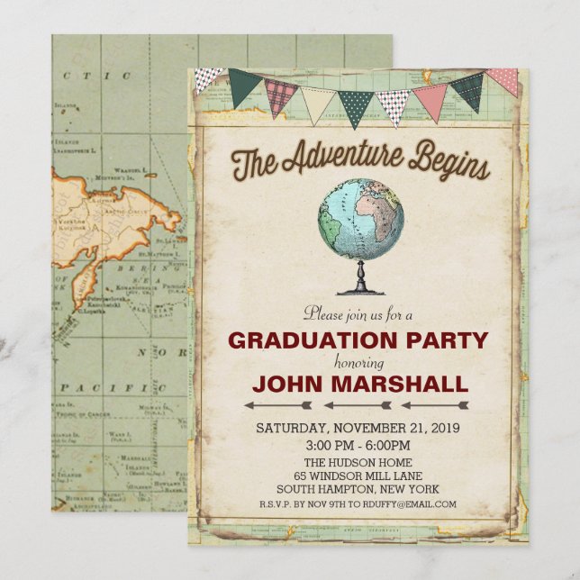 Vintage Globe Travel Graduation Party Invitation (Front/Back)