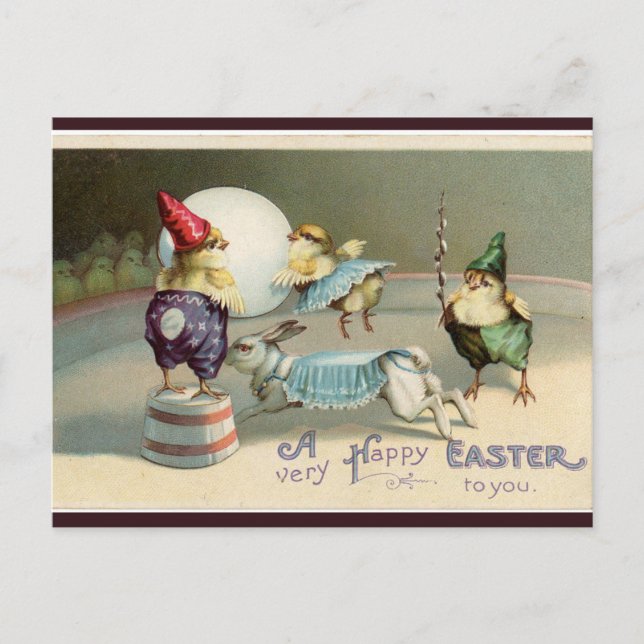 Vintage Gnome Chick and Bunny Circus Easter Postcard (Front)