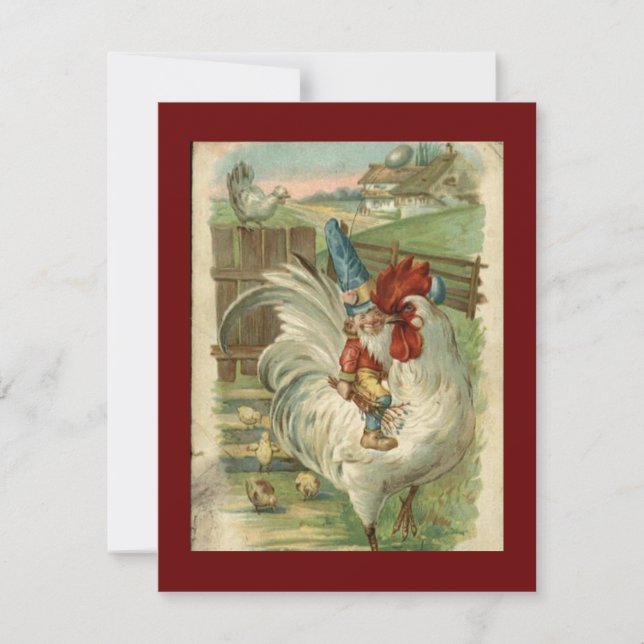 Vintage Gnome Rides Rooster Fantasy Holiday Card (Front)