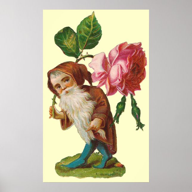 Vintage Gnome With A Pink Rose Poster Print (Front)