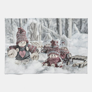 Vintage Gnomes in the snow drawing Tea Towel