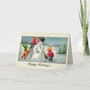 Vintage gnomes snowman season's greetings holiday card