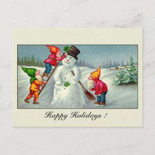 Vintage gnomes snowman season's greetings holiday postcard