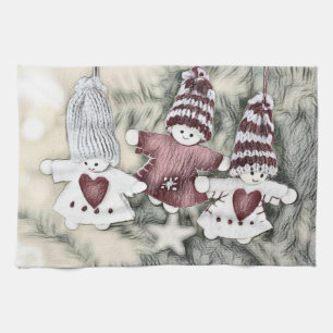 Vintage Gnomes with Red Hearts Drawing Tea Towel
