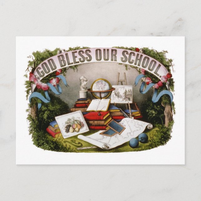 Vintage God Bless Our School Illustration 1874 Postcard (Front)