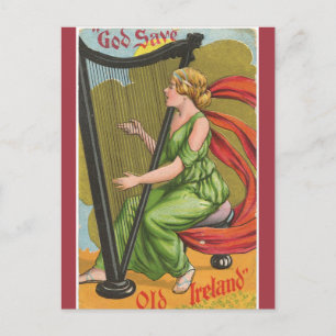 Vintage God Save Old Ireland Harpist Postcard
