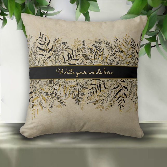 Vintage Gold and Black Botanical  Custom Text Cushion (Creator Uploaded)
