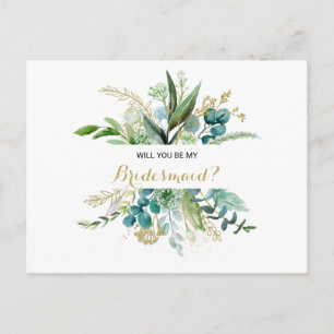 Vintage Gold and Green Eucalyptus Bridesmaid Invitation Postcard