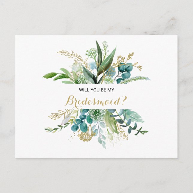 Vintage Gold and Green Eucalyptus Bridesmaid Invitation Postcard (Front)