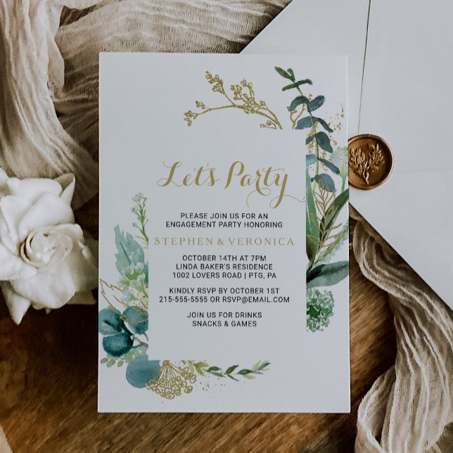 Vintage Gold and Green Eucalyptus Let's Party Invitation (Creator Uploaded)