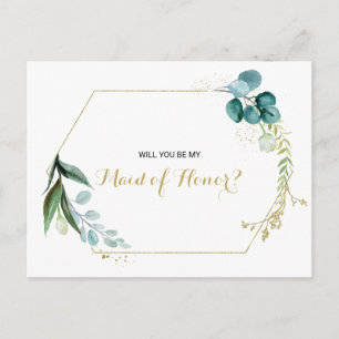 Vintage Gold and Green Eucalyptus Maid of Honour Invitation Postcard