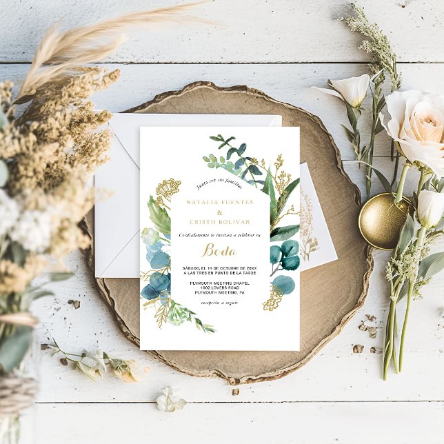 Vintage Gold and Green Eucalyptus Spanish Wedding Invitation (Creator Uploaded)