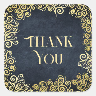   Vintage Gold and Navy Blue Swirls Boho Thank You Square Sticker