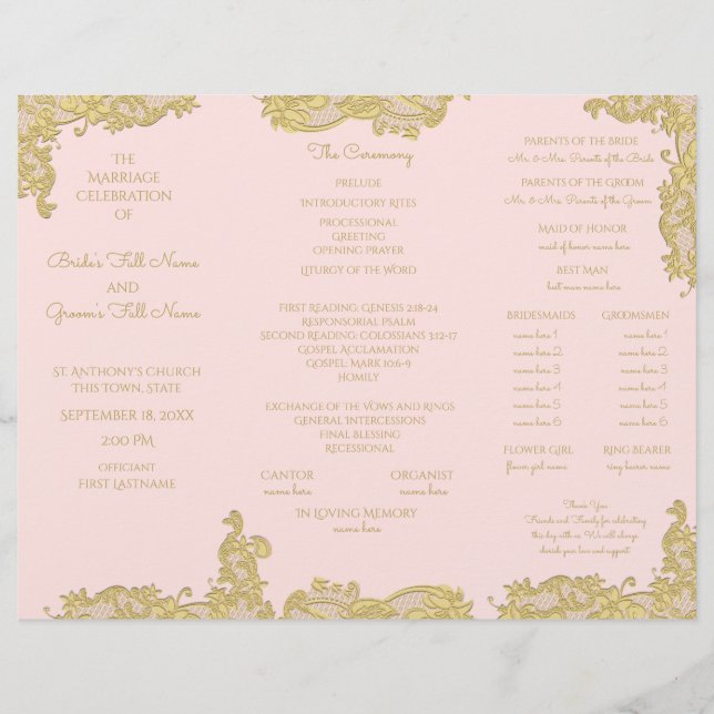Vintage Gold and Pink Tri Fold Wedding Program (Front)