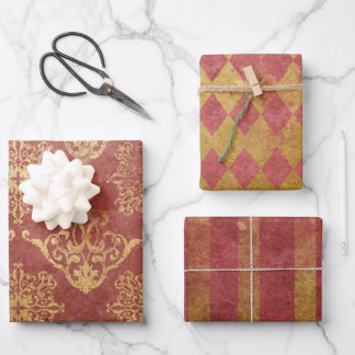 Vintage Gold and Red Wrapping Paper Set (3)
