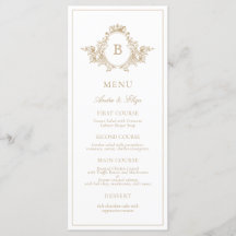 Vintage Gold and White Monogram Crest Wedding Menu