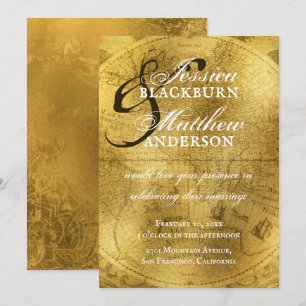 Vintage Gold Antique Old World Map Wedding Invitation