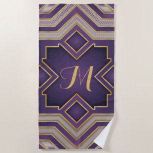 Vintage Gold Baroque Geometric Initial Design Beach Towel