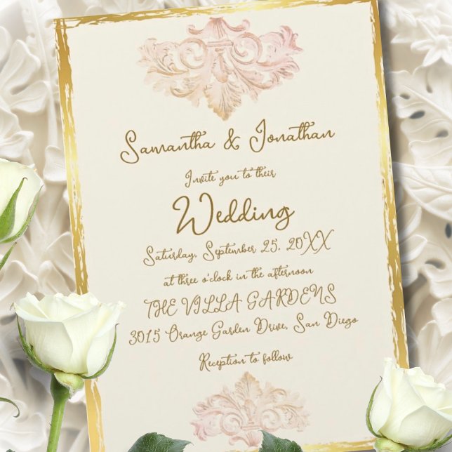 Vintage Gold Baroque Wedding Elegance Invitation (Elegant baroque wedding invitation framed in gold, featuring soft blush scrolls and timeless romance)