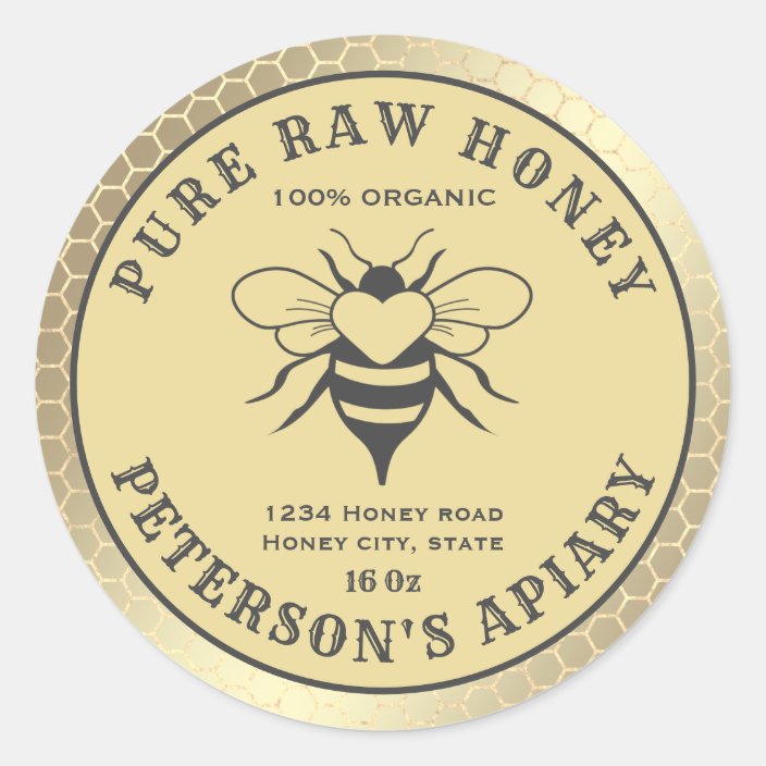 Vintage gold bee logo honeycomb honey jar classic round sticker | Zazzle.co.uk