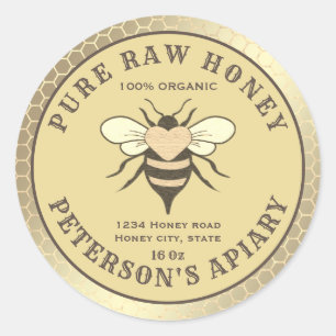 Vintage gold bee logo honeycomb honey jar classic round sticker