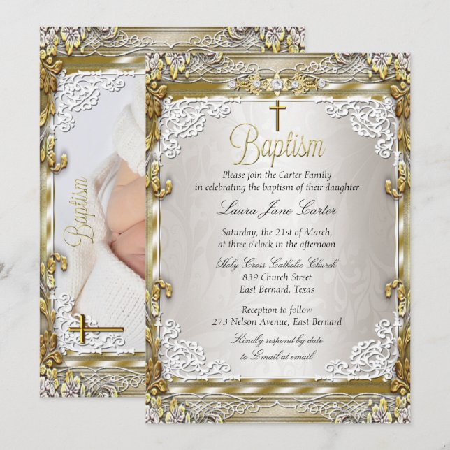 Vintage Gold Beige Damask Cross Baptism Photo Invitation (Front/Back)