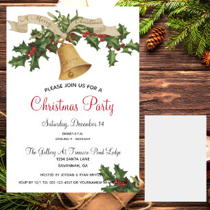 Vintage Gold Bell Merry Xmas Ribbon Dinner Party I Invitation