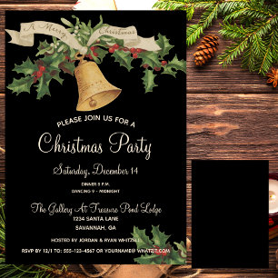Vintage Gold Bell Merry Xmas Ribbon Dinner Party Invitation