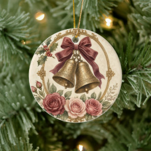 Vintage Gold Bells Burgundy Roses Christmas Ceramic Tree Decoration