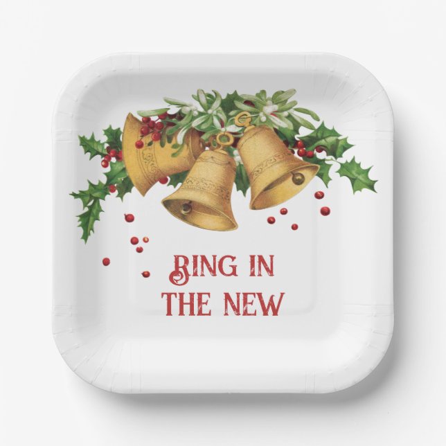 Vintage Gold Bells, Holly and Berries Paper Plate (Front)