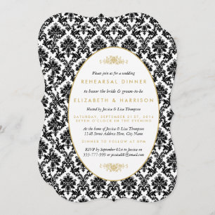 Vintage Gold, Black, White Damask Rehearsal Dinner Invitation