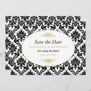 Vintage Gold, Black & White Damask Save The Date