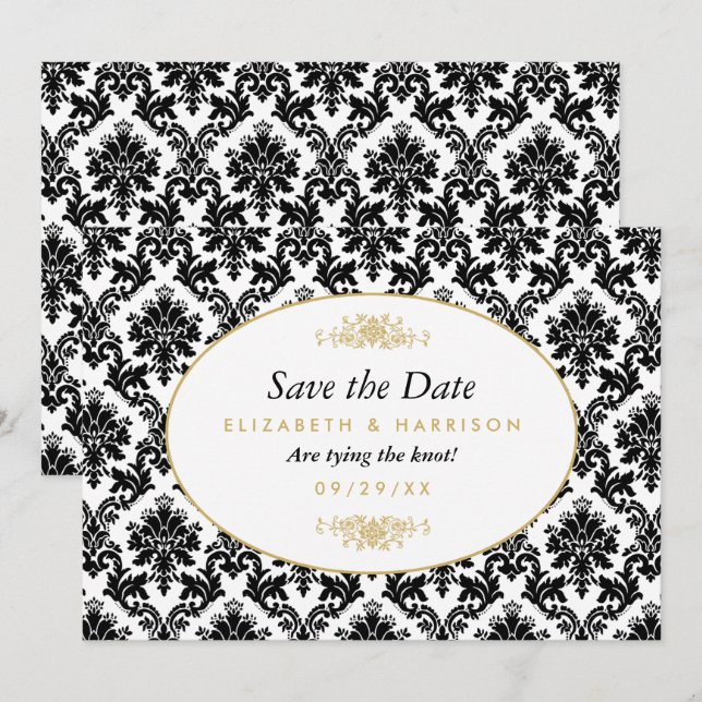 Vintage Gold, Black & White Damask Save The Date (Front/Back)