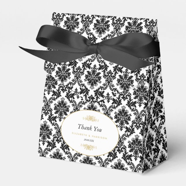 Vintage Gold Black & White Damask Wedding Favour Box (Front Side)