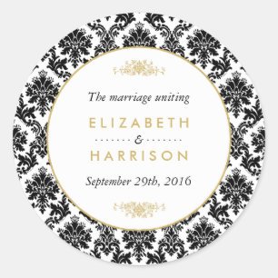 Vintage Gold, Black & White Damask Wedding Favour Classic Round Sticker