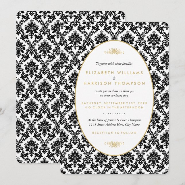 Vintage Gold, Black & White Damask Wedding Invitation (Front/Back)
