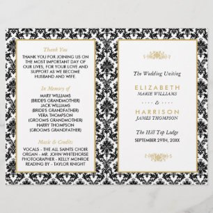 Vintage Gold, Black & White Damask Wedding Program