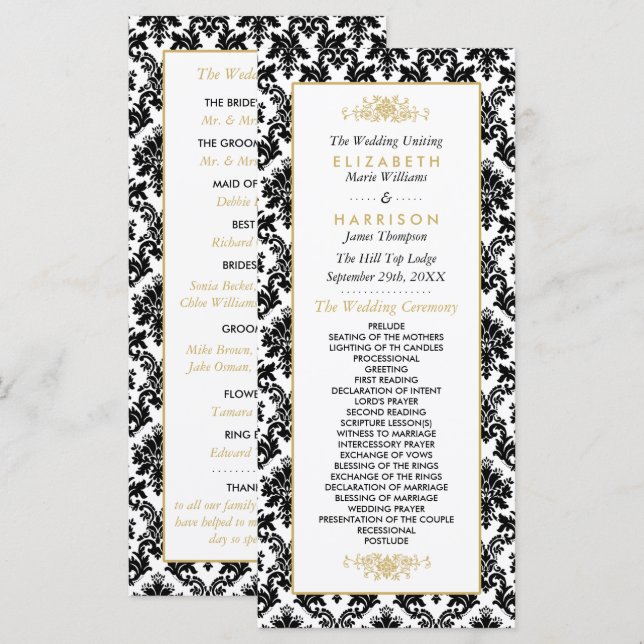 Vintage Gold, Black & White Damask Wedding  Programme (Front/Back)