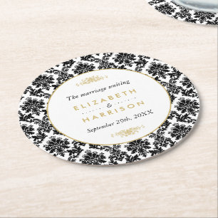 Vintage Gold, Black & White Damask Wedding Round Paper Coaster