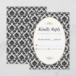 Vintage Gold, Black & White Damask Wedding RSVP Card
