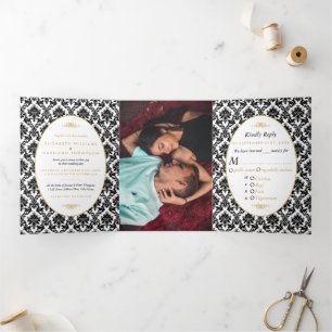 Vintage Gold, Black & White Damask Wedding Suite Tri-Fold Invitation
