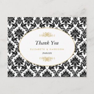 Vintage Gold Black & White Damask Wedding Thanks Postcard