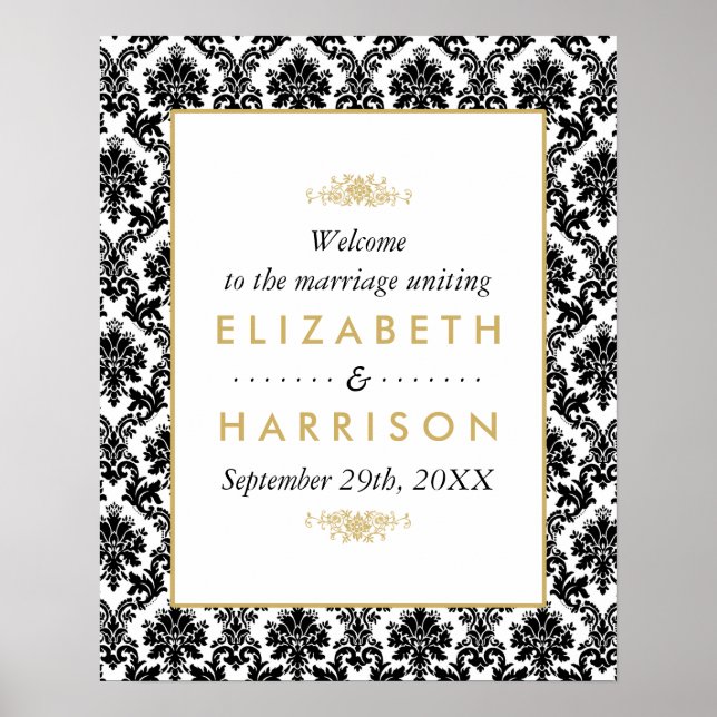 Vintage Gold, Black & White Damask Wedding Welcome Poster (Front)