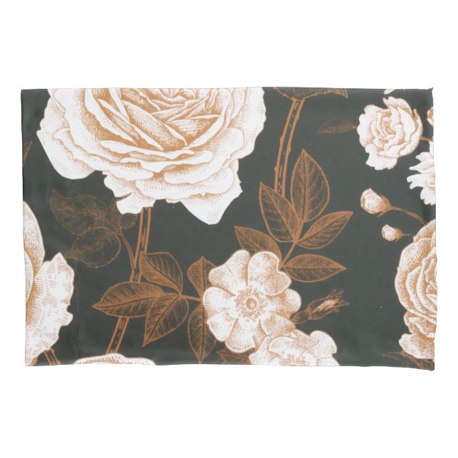 Vintage Gold Black White Rose Leaves Pillowcase (Front)