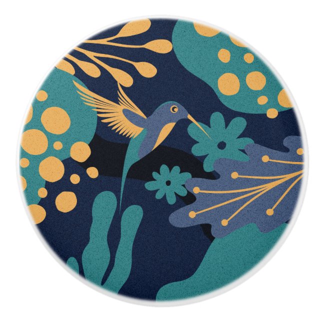 Vintage gold, blue and turquoise hummingbird ceramic knob (Front)