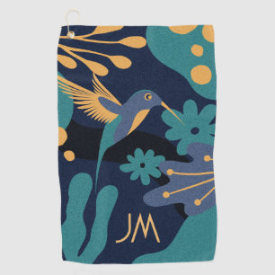 Vintage gold, blue and turquoise hummingbird golf towel