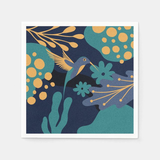 Vintage gold, blue and turquoise hummingbird napkin (Front)