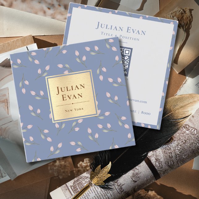Vintage Gold Blue Flower Pattern Square Business Card (Creator Uploaded)