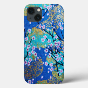 Vintage Gold Blue White Japanese Kimono Floral  iPhone 13 Case