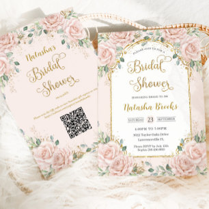 Vintage Gold Blush Pink Floral Bridal Shower QR Invitation
